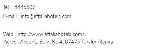 Eftalia Aqua Resort Hotel telefon numaralar, faks, e-mail, posta adresi ve iletiim bilgileri